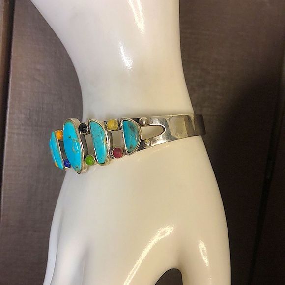 BARSE Turquoise Sterling Silver Multi Gemstone Southwestern Cuff Bracelet - Picture 5 of 11